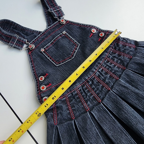 Dark Blue Denim Overalls with Pleated Skirt and Adjustable Straps - Picture 3 of 9